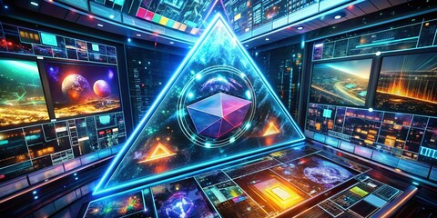 Poster - Colorful Aerial Photography of Technology-Inspired HUD Triangle Interfaces for TV News and Information Channels Featuring Modern Sci-Fi Design Elements