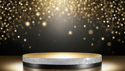 Wall Mural - empty podium for rewards on black background with silver and golden bokeh lights and sparkles