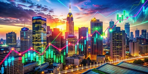 Poster - Colorful Graph Illustrating Dynamic Stock Market Trends with Urban Backdrop in a Modern Cityscape, Showcasing Data Visualization and Financial Growth Concepts