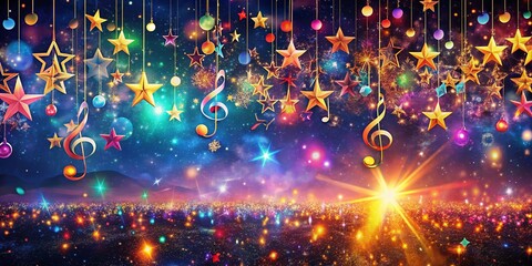 Poster - Colorful Musical Notes and Stars Dancing Over a Sparkly Background at a Vibrant Night Event, Capturing the Joy of Live Music and Celebration in a Panoramic View