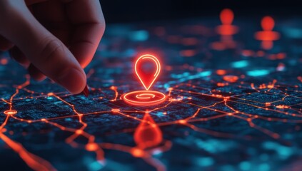 Digital Map with a Glowing Red Location Pin