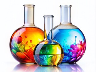 Poster - Colorful Round Bottomed Flasks and Boiling Flasks in a Double Exposure Photography Style, Showcasing Laboratory Chemical Glassware with a Vibrant, Artistic Twist on a White Background