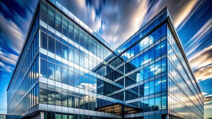 Poster - Contemporary Office Building with Reflective Glass Panels Mirroring Blue Sky and White Clouds - Modern Minimalistic Corporate Architecture in Long Exposure