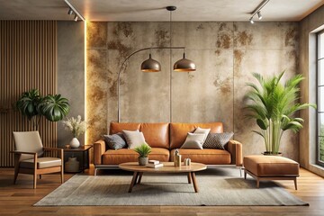 Poster - Contemporary Warm Neutral Living Room Mockup Featuring Cozy Furniture and Stylish Decor on an Empty Concrete Wall for Surreal Photography Inspiration