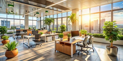 Poster - Contemporary Modern Office Interior Design with Stylish Furniture, Bright Natural Light, Open Space Layout, and Vibrant Colors, Showcasing a Productive Work Environment