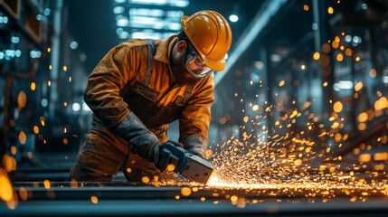 Aufkleber - A man in a yellow jacket is working with a power tool, creating sparks