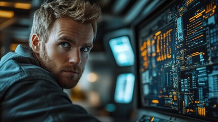 Aufkleber - A man is looking at a computer screen with a lot of numbers and symbols