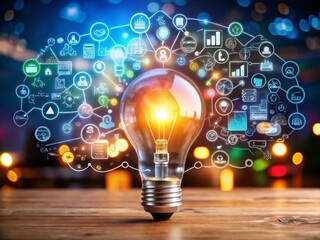 Poster - Creative Business Idea Concept with Light Bulb and Digital Icons Representing Innovation and Strategy in a Low Light Environment for Modern Entrepreneurs and Startups