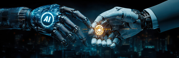 Poster - robotic and human hands connecting gear symbolizing ai and iot innovation in industry