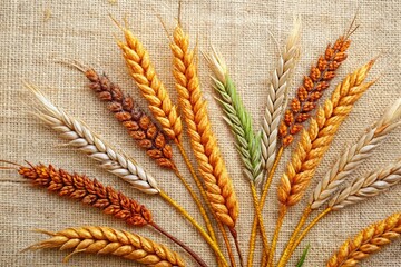 Poster - Delicate Embroidery of Colorful Wheat Sheaves on Textured Fabric in Natural Light with Copy Space for Creative Design and Artistic Applications