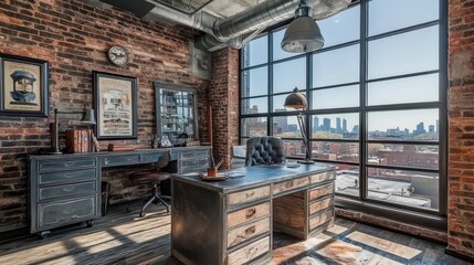 Poster - Industrial Loft Office With City View And Vintage Decor