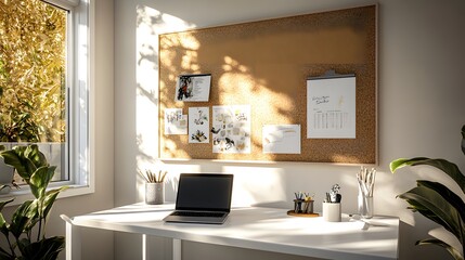 Poster - A serene workspace featuring a corkboard, laptop, and plants, ideal for productivity.