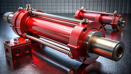 Poster - Detailed Illustration of a 3D Hydraulic Cylinder in Red Metal, Showcasing Engineering Precision and Industrial Design Elements for Technical and Industrial Applications