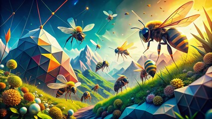 Poster - Digital Bee Low Poly Tech Abstract Landscape Photography Featuring a Vibrant, Geometric Interpretation of Nature with Futuristic Elements and Soft Gradient Backgrounds