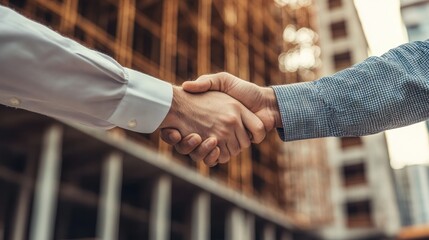 Wall Mural - A handshake between an architect and an engineer on an outdoor construction site