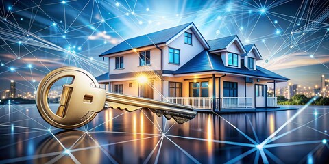 Poster - Digital House Key and Network Concept for Real Estate and Security Featuring a Modern Home with Abstract Network Connections and a Futuristic Key Design Highlighting Safe Access Solutions