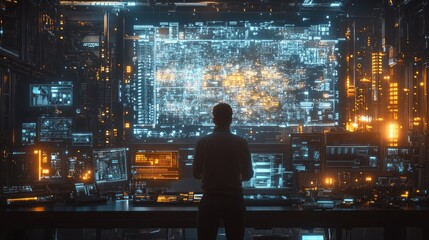 Aufkleber - A man is standing in front of a computer monitor that is displaying a city