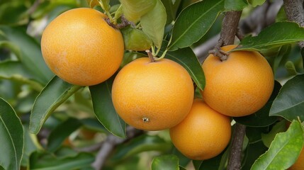 Wall Mural - Juicy Oranges Hanging on a Lush Green Tree Branch