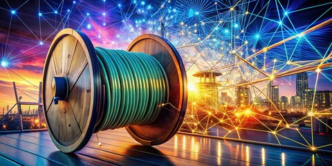 Poster - Double Exposure Photography of a Network Cable Drum Surrounded by a Digital Landscape, Featuring UTP Cords and Technology Elements for a Modern Aesthetic
