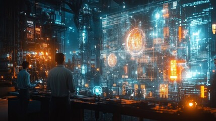 Poster - A man and a woman are looking at a computer screen that shows a futuristic city