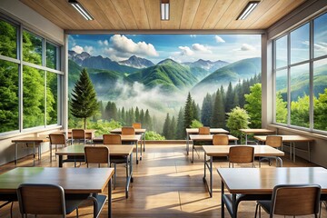 Poster - Double Exposure Photography of an Empty Classroom with Desks and Chalkboard Blending with Nature's Serenity for a Creative Educational Environment