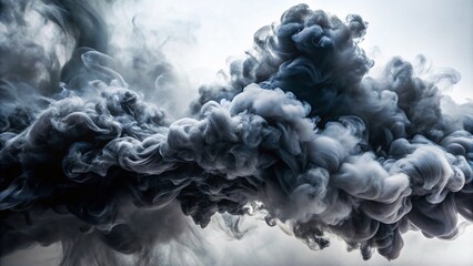 Poster - Dramatic Tilt-Shift Photography of Black Smoke Swirling in Abstract Cloud Formation on a Bright White Background, Capturing the Beauty of Movement and Contrast