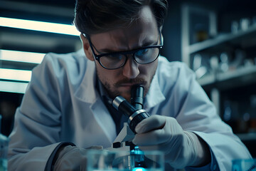 young male scientist working with microscope at lab
