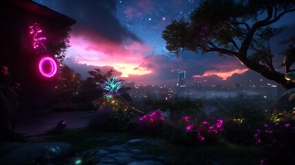 Canvas Print - Cyberpunk sunset cityscape view from lush garden with neon signs.