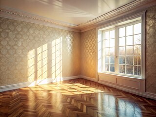 Poster - Elegant Double Exposure Photography of an Empty Room with Light Beige Backgrounds, Featuring Intricate Shadows from the Window for Product Presentation and Creative Display