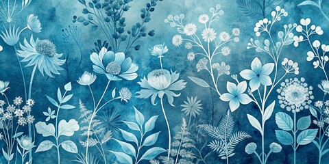 Poster - Elegant Floral Abstract Pattern in Cyanotype Style Featuring Silhouettes of Flowers, Perfect for Handmade Print Design and Artistic Backgrounds