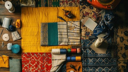 Fototapete - Colorful Fabric Swatches And Sewing Supplies Arranged On Wooden Surface