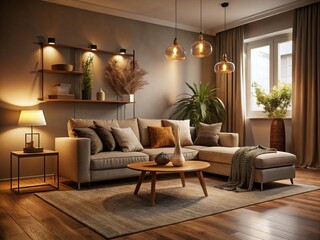 Poster - Elegant Low Light Photography of Minimal Home Design Showcasing Subtle Textures and Cozy Atmosphere with Warm Accents in a Stylish Living Space Perfect for Modern Interiors