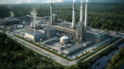 Poster - A large industrial plant with a lot of smoke coming out of it