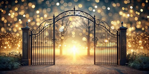 Poster - Elegant Open Gate Line Design with Bokeh Effect – Perfect for Illustrating Concepts of Opportunity, Freedom, and New Beginnings in a Minimalistic Style