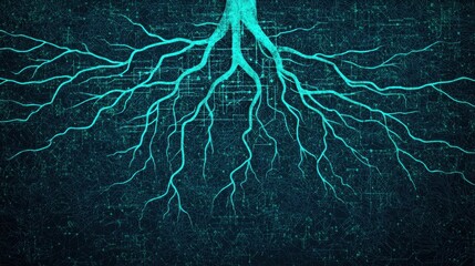 Poster - A glowing tree root structure depicted against a dark background, symbolizing growth, connection, and energy.
