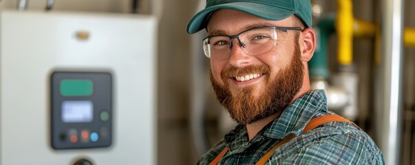 Poster - A smiling worker in safety gear stands in a technical setting, showcasing a positive attitude and professionalism.