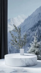 Poster - A white vase with a tree in it sits on a white marble pedestal