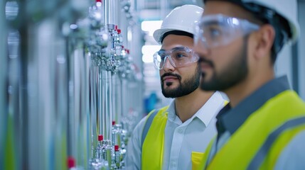Poster - Two engineers in safety gear observe industrial equipment in a modern facility, highlighting teamwork and safety in engineering.