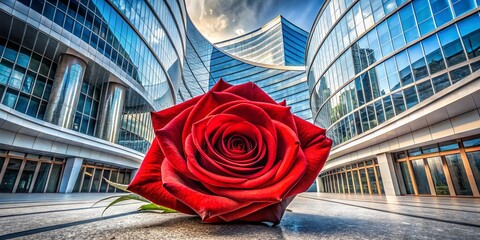 Poster - Elegant Red Rose Illustration with Architectural Elements Showcasing Beauty and Design in a Harmonious Blend of Nature and Structure for Creative Projects and Marketing Materials