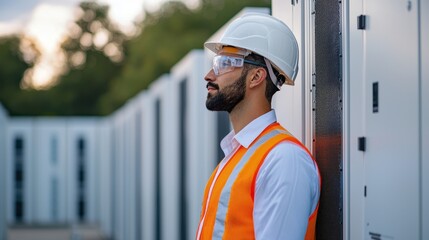 Poster - A safety-conscious worker in a hard hat and reflective vest stands next to storage units, reflecting on the job at hand.