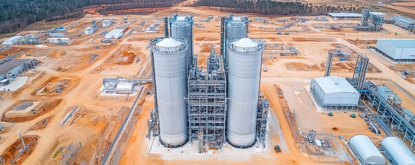 Poster - Aerial view of industrial structures, featuring large silos amidst a sprawling construction site with machinery and red soil.