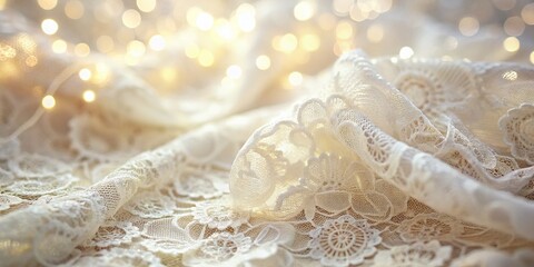 Poster - Elegant White Lace Fabric in Low Light Photography, Capturing the Intricate Details and Textures for a Romantic and Timeless Aesthetic in Soft Lighting