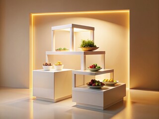 Poster - Elegant White Square Food Display Stand on Soft Light Background Perfect for Culinary Presentations and Event Planning, Showcasing Minimalistic Design and Modern Aesthetics