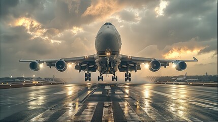 Poster - A cargo plane captured from a low-angle, front-facing perspective as it takes off into the sky.