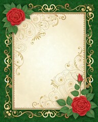 Sticker - Decorative Ornate Design Border Featuring Roses Against a Green Backdrop. Generative AI