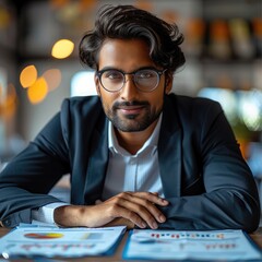 Poster - A confident Indian professional in a modern office setting, dressed in formal attire, overseeing compliance documents and digital workflows. surrounded by organized charts, graphs, and checklist.