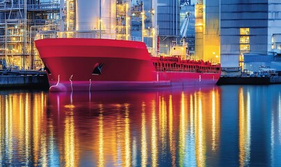 Poster - A vibrant red ship docked near industrial buildings, reflecting lights in the water.