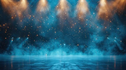Poster - Empty cheerleader background big powder splash petrol blue gold background lights bright indoor stadium.