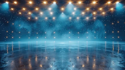 Poster - Empty cheerleader background big powder splash petrol blue gold background lights bright indoor stadium.