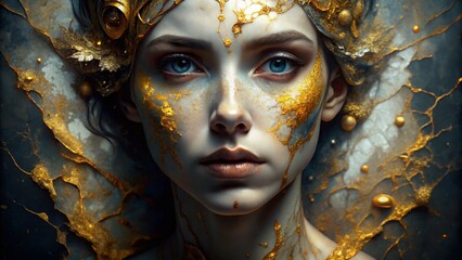 Poster - Enigmatic Beauty Portrait Featuring Gold Leaf and Marble Accents Enhanced with Dynamic Vibrant Ink Effects in Macro Photography Style for Artistic Exploration